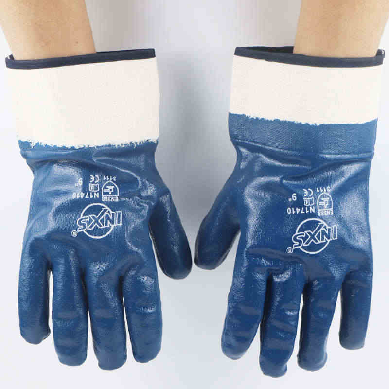 Heavy-Duty Blue Nitrile Coated Gloves – Full Dip with Safety Cuff